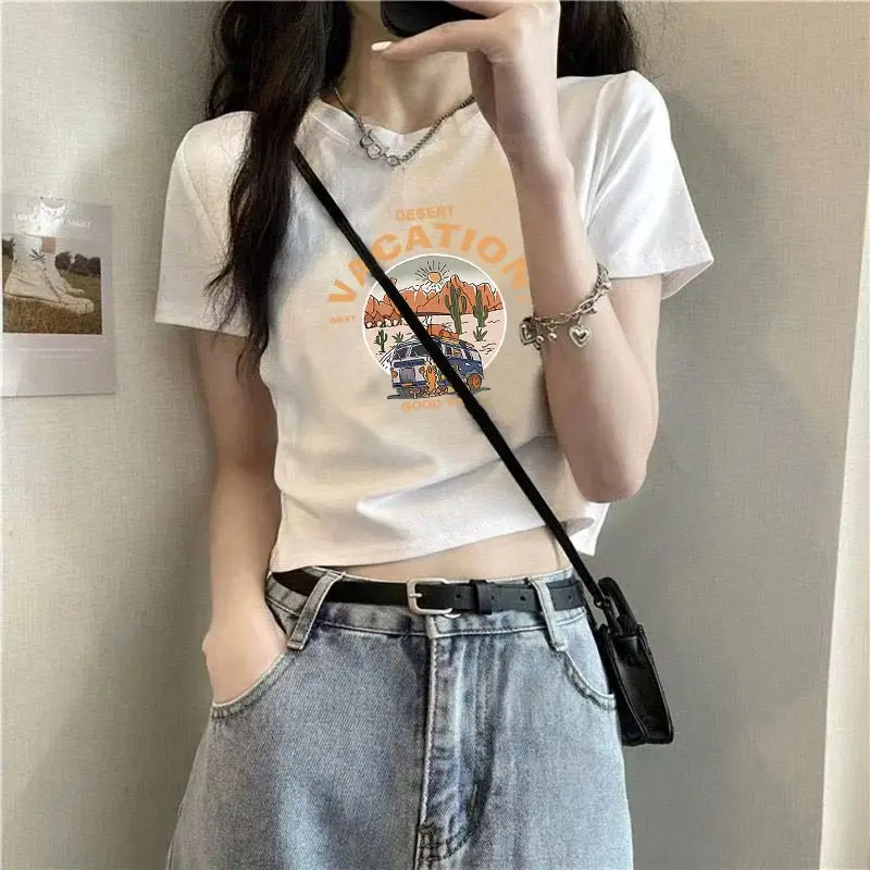 Cotton Short-sleeved T-shirt Women's White Shoulder Summer New Design Sense Slim-fit High Waist Short Cropped Cotton Top — feature 6