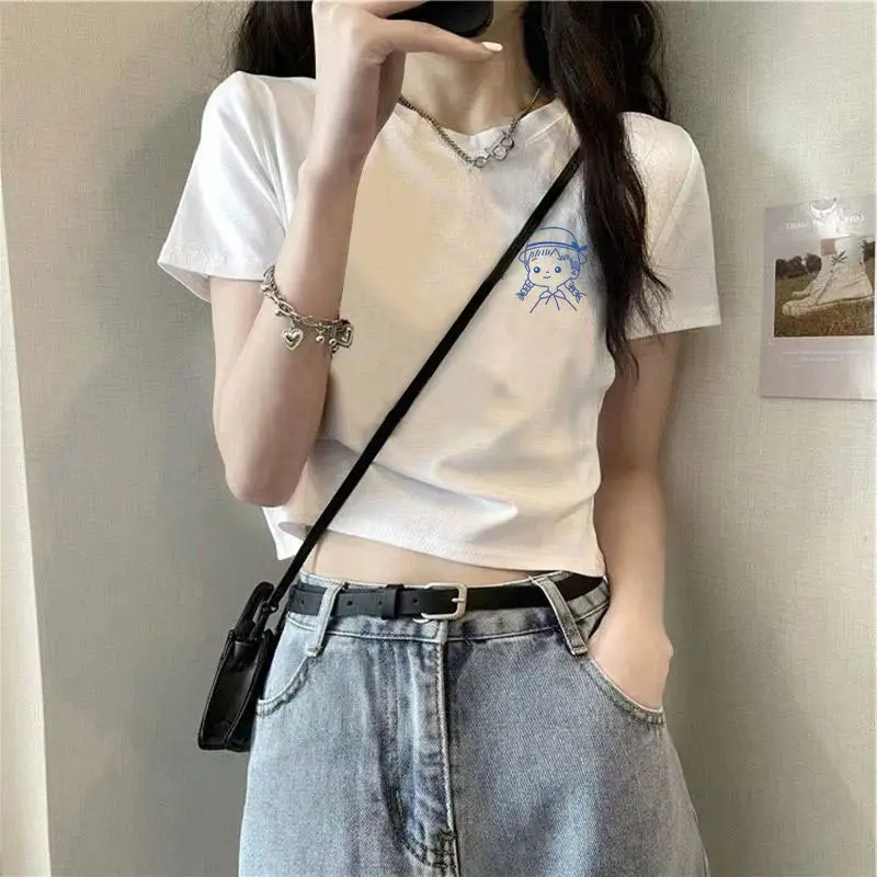 Cotton Short-sleeved T-shirt Women's White Shoulder Summer New Design Sense Slim-fit High Waist Short Cropped Cotton Top