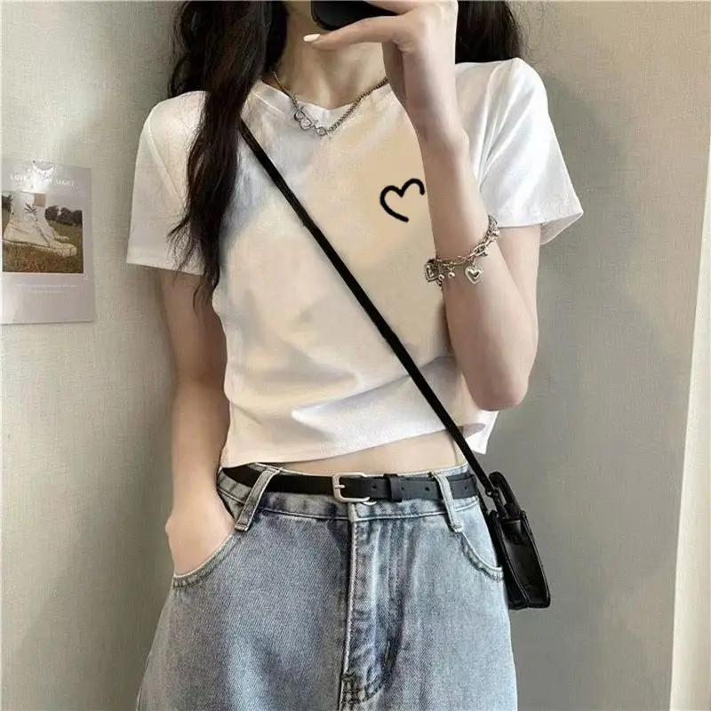 Cotton Short-sleeved T-shirt Women's White Shoulder Summer New Design Sense Slim-fit High Waist Short Cropped Cotton Top