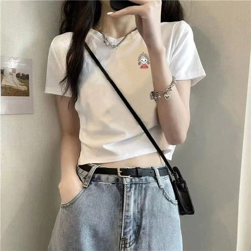Cotton Short-sleeved T-shirt Women's White Shoulder Summer New Design Sense Slim-fit High Waist Short Cropped Cotton Top