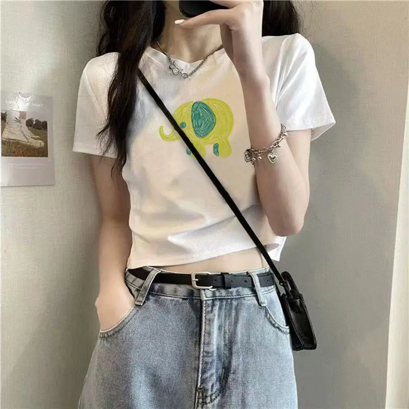 Cotton Short-sleeved T-shirt Women's White Shoulder Summer New Design Sense Slim-fit High Waist Short Cropped Cotton Top