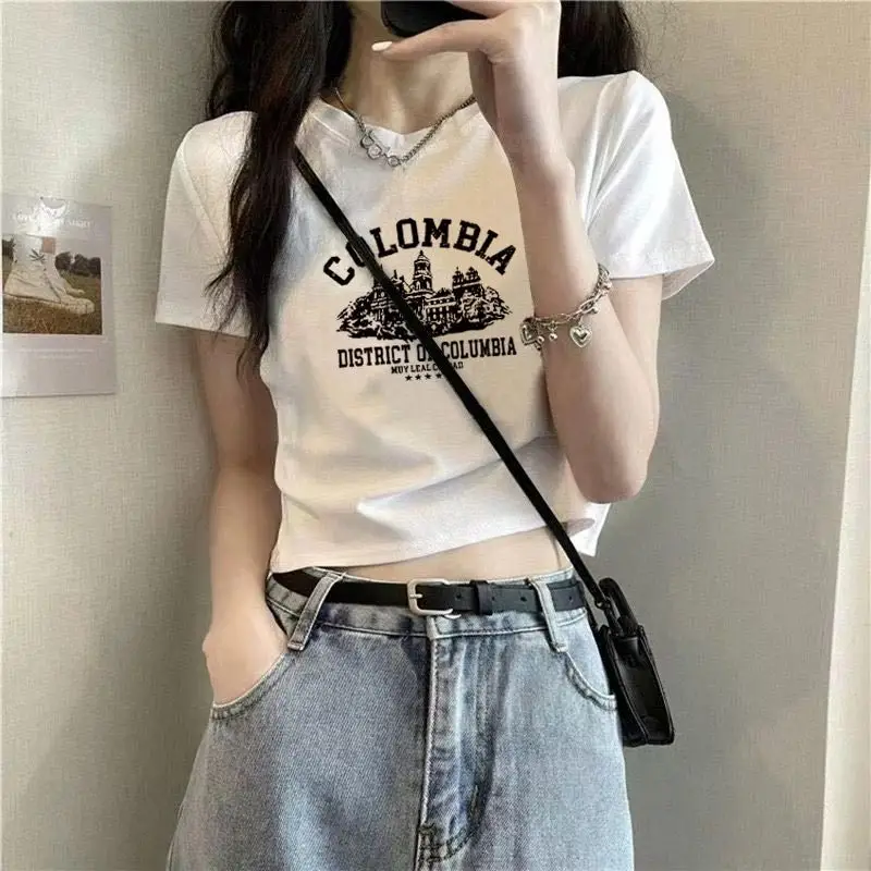 Cotton Short-sleeved T-shirt Women's White Shoulder Summer New Design Sense Slim-fit High Waist Short Cropped Cotton Top