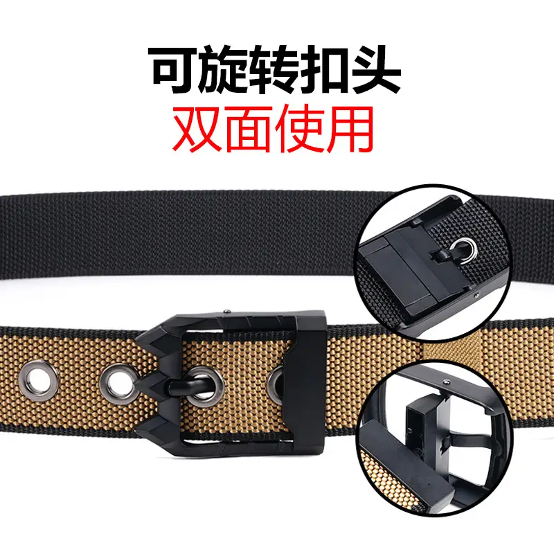 Rotating Pin Buckle Men's Belt Black Nylon Canvas Two Sided