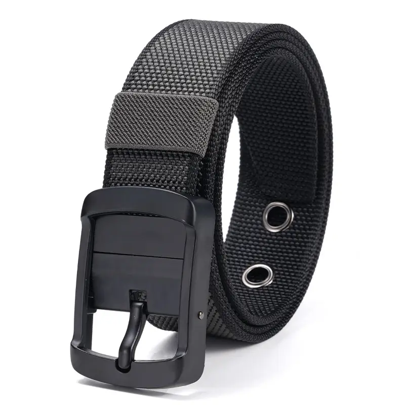 Rotating Pin Buckle Men's Belt Black Nylon Canvas Two Sided
