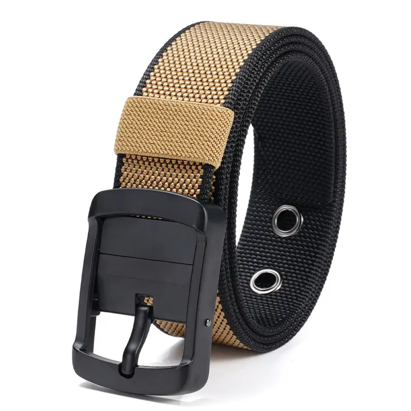 Rotating Pin Buckle Men's Belt Black Nylon Canvas Two Sided