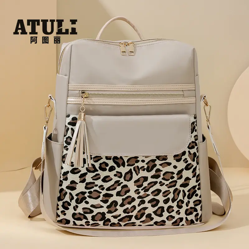Women Leopard Print Oxford Backpack Black Large Capacity - Image 5