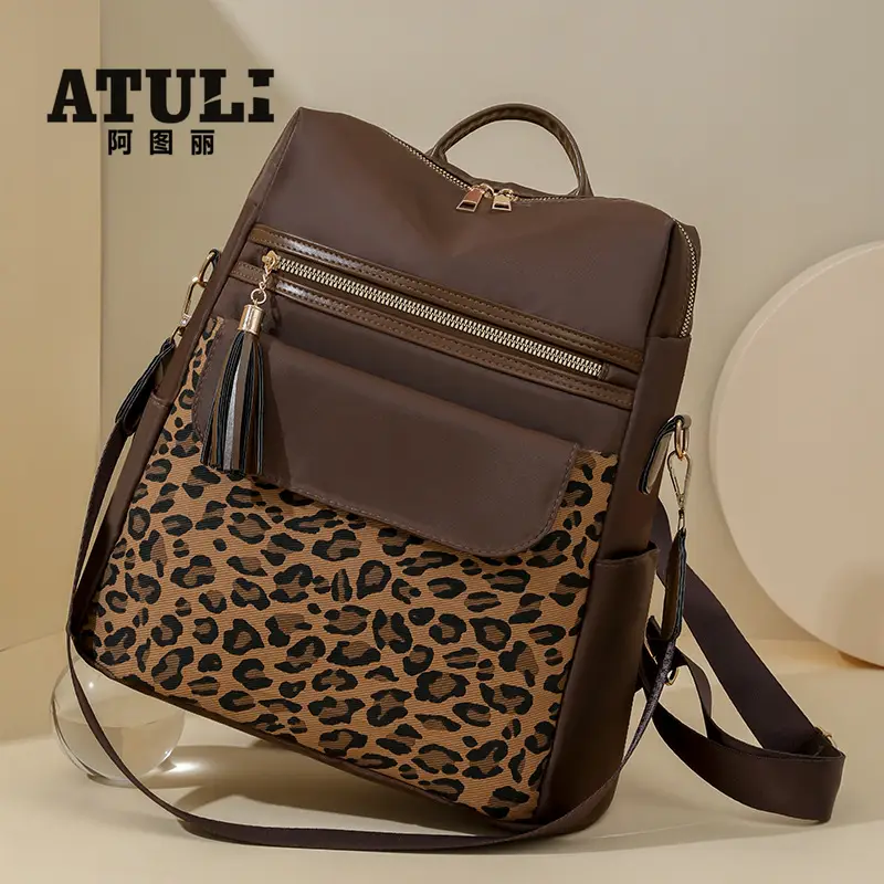 Women Leopard Print Oxford Backpack Black Large Capacity - Image 6