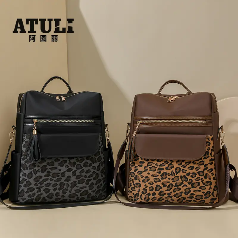 Women Leopard Print Oxford Backpack Black Large Capacity - Image 7