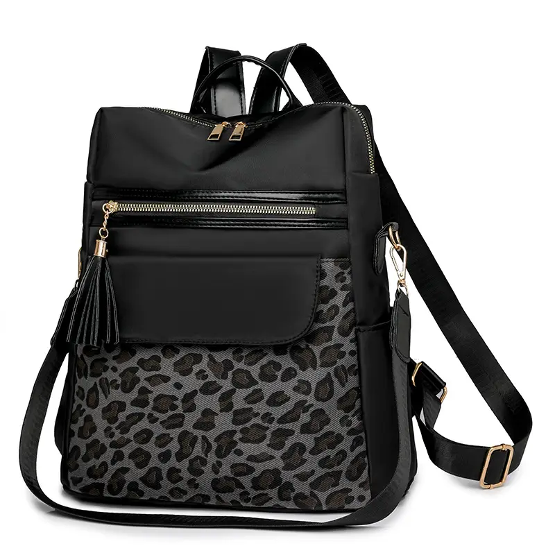 Women Leopard Print Oxford Backpack Black Large Capacity - Image 8