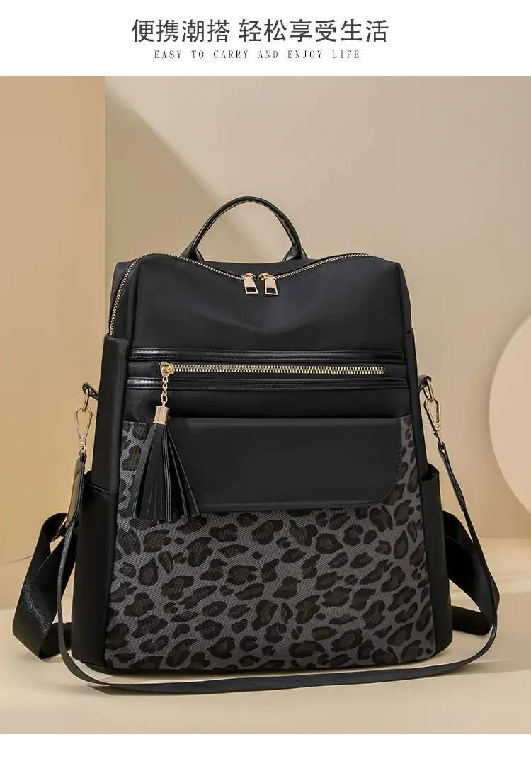 Women Leopard Print Oxford Backpack Black Large Capacity — feature 17