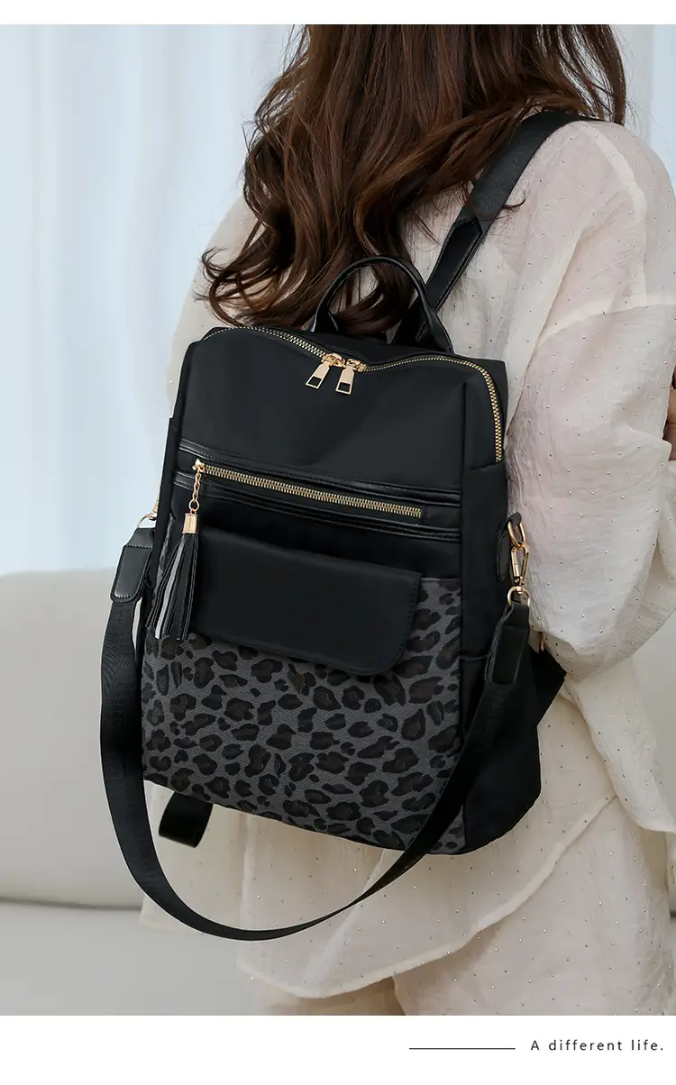 Women Leopard Print Oxford Backpack Black Large Capacity — feature 22