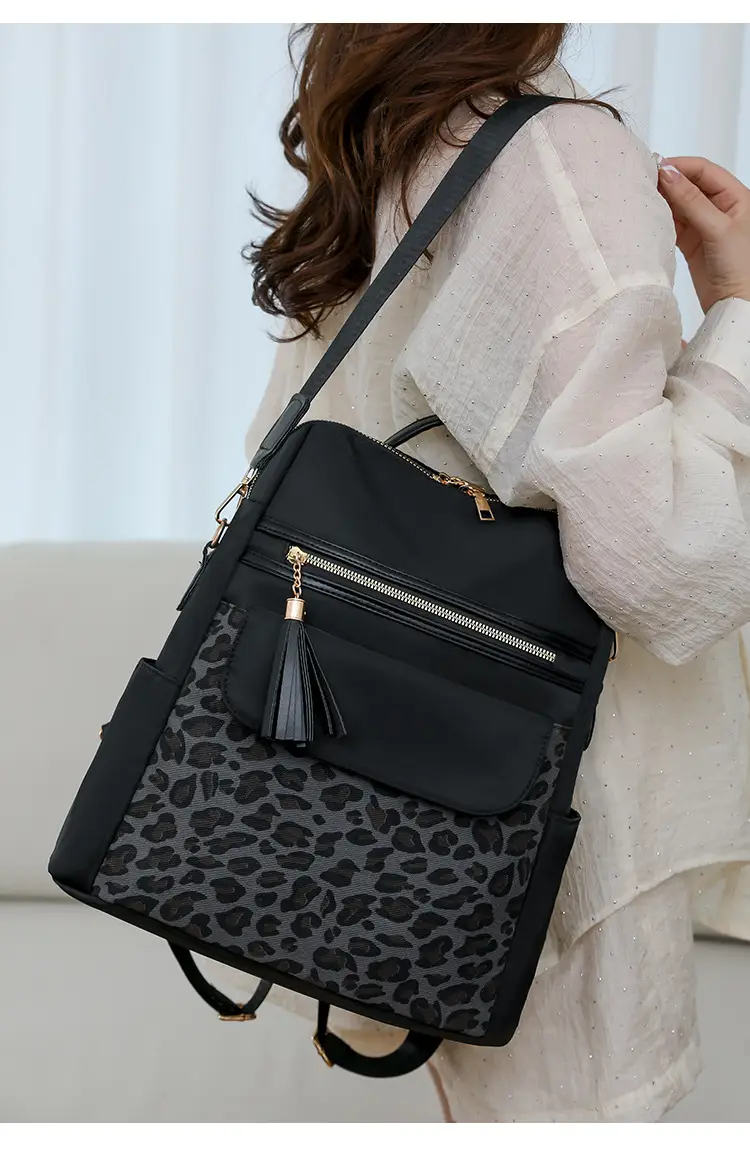 Women Leopard Print Oxford Backpack Black Large Capacity — feature 23