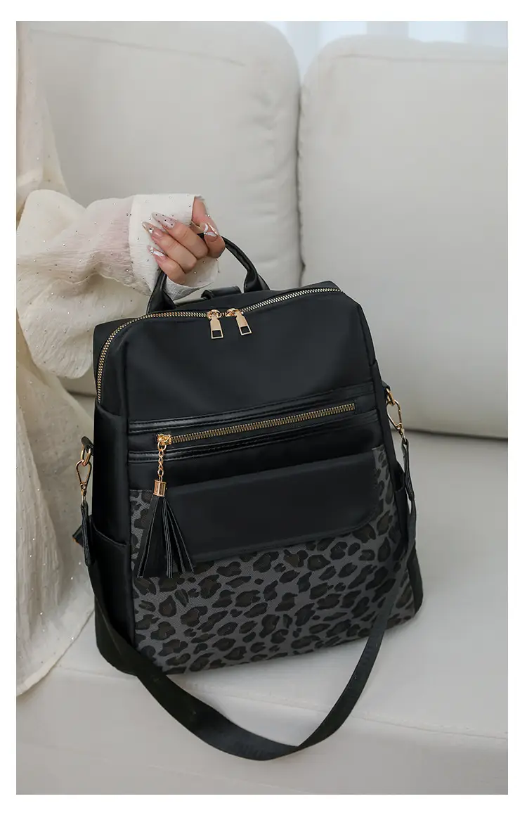 Women Leopard Print Oxford Backpack Black Large Capacity — feature 24