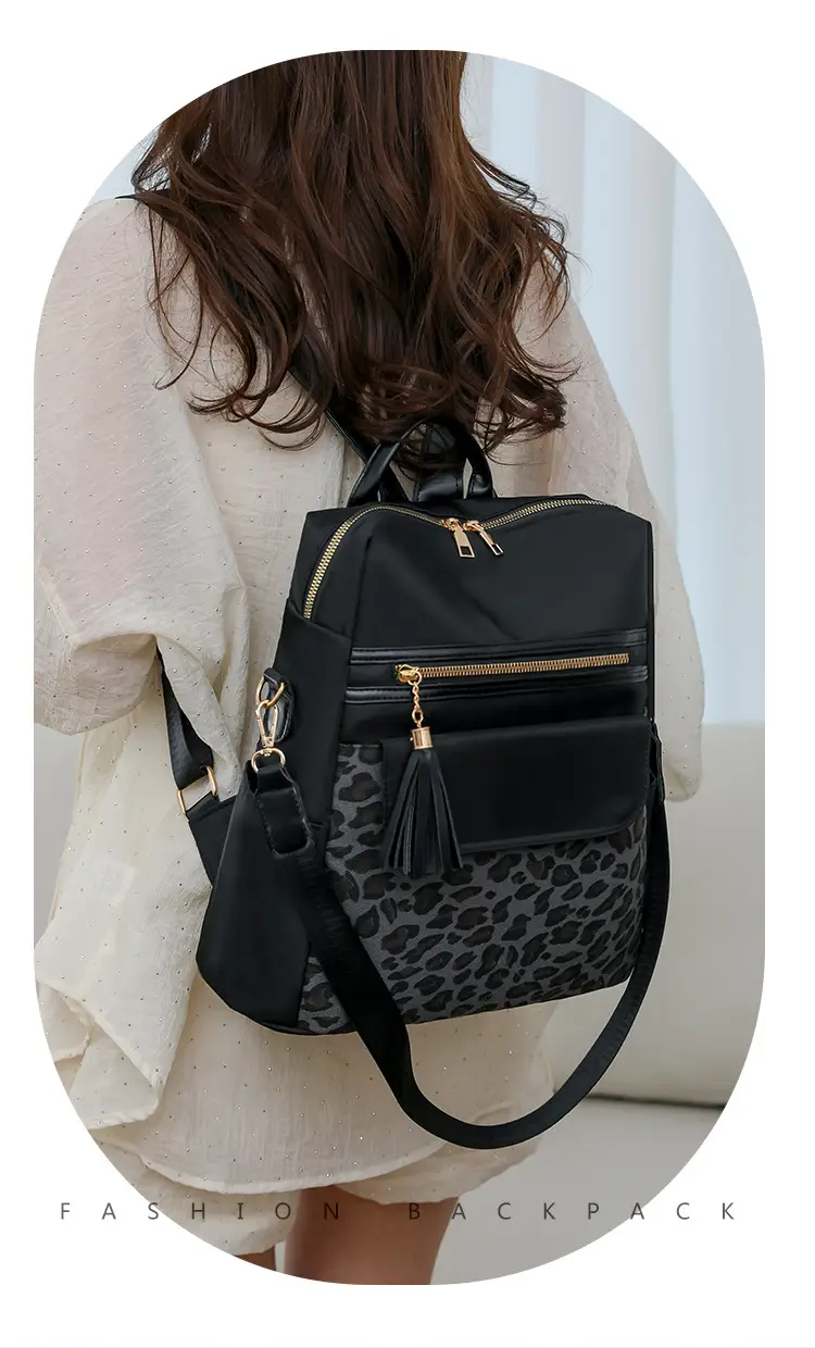 Women Leopard Print Oxford Backpack Black Large Capacity — feature 5