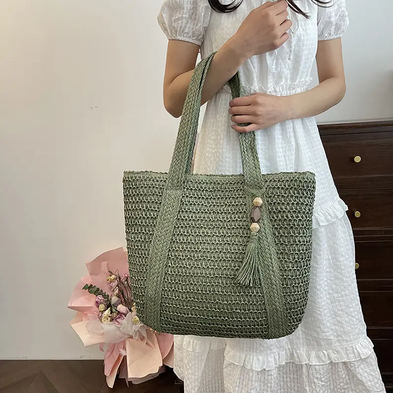 Green Woven Straw Tote Bag for Women Large Capacity Casual All-match - Image 4