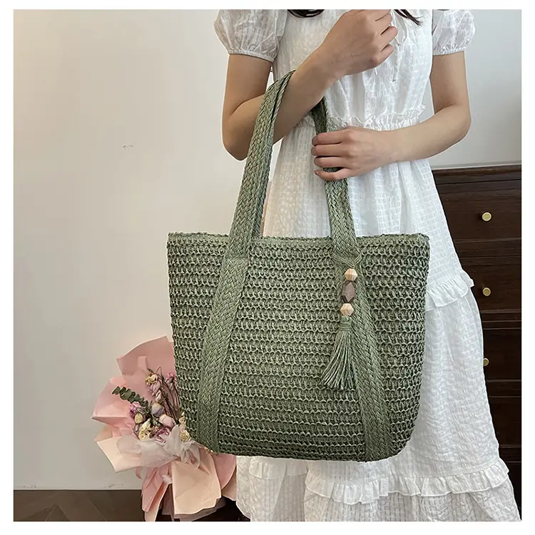 Green Woven Straw Tote Bag for Women Large Capacity Casual All-match — feature 11