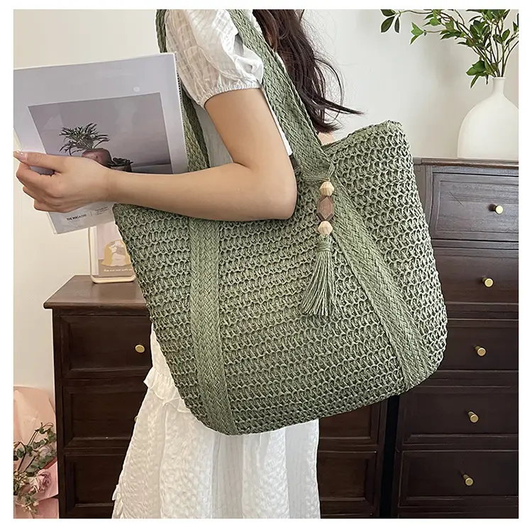 Green Woven Straw Tote Bag for Women Large Capacity Casual All-match — feature 13