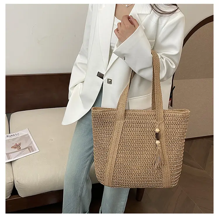 Green Woven Straw Tote Bag for Women Large Capacity Casual All-match — feature 8