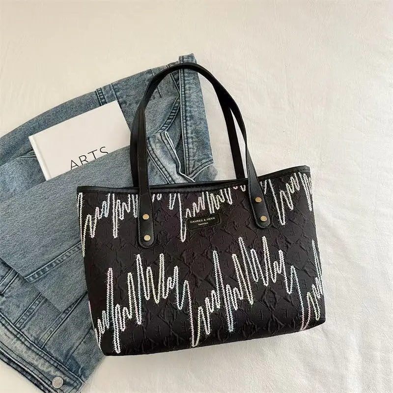 Women's Embroidered Striped Tote Bag Large Capacity 2024 - Image 2
