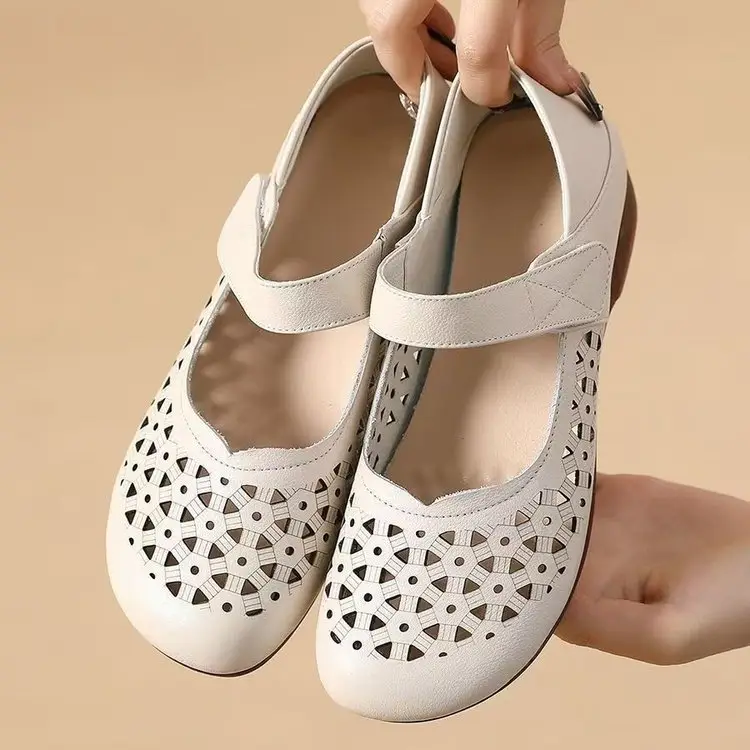 Velcro Sandals with Beef Sole Breathable Non-slip Middle-aged and Elderly Mother's Single Shoes Women's Soft Sole Non-slip Hollow Hole Shoes - Image 5