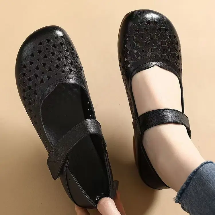 Velcro Sandals with Beef Sole Breathable Non-slip Middle-aged and Elderly Mother's Single Shoes Women's Soft Sole Non-slip Hollow Hole Shoes - Image 7