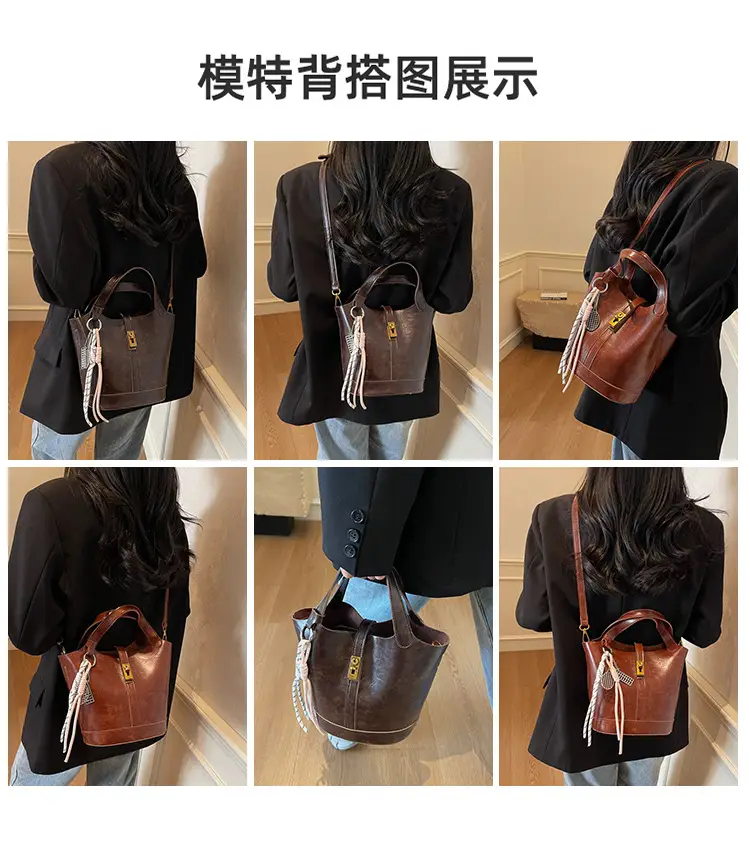Women's 2025 Retro Bucket Bag Beige Leather — feature 11