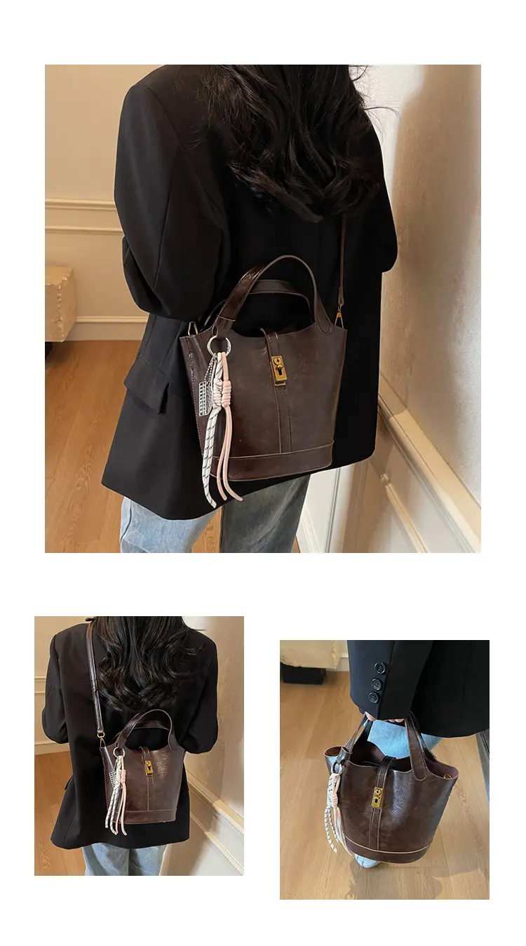 Women's 2025 Retro Bucket Bag Beige Leather — feature 12