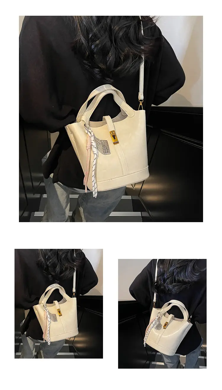 Women's 2025 Retro Bucket Bag Beige Leather — feature 13