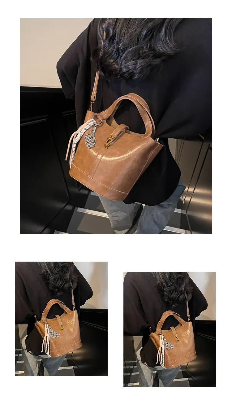 Women's 2025 Retro Bucket Bag Beige Leather — feature 14