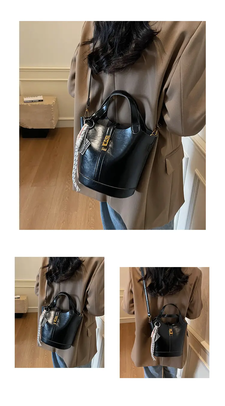 Women's 2025 Retro Bucket Bag Beige Leather — feature 15