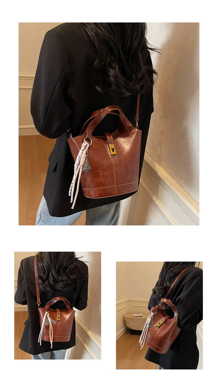 Women's 2025 Retro Bucket Bag Beige Leather — feature 16