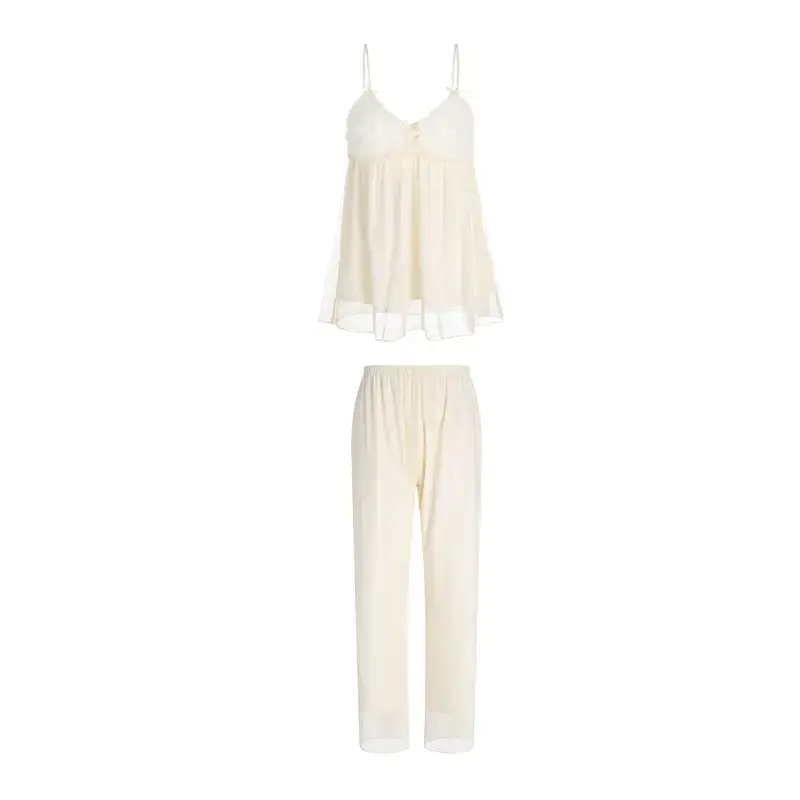 Sweet Flower Chest Cup Sling Top Trousers Belt Robe Three-piece Gauze Women's Home Suit 3870 - Image 7