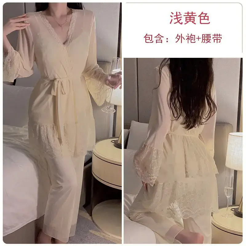 Sweet Flower Chest Cup Sling Top Trousers Belt Robe Three-piece Gauze Women's Home Suit 3870 - Image 2