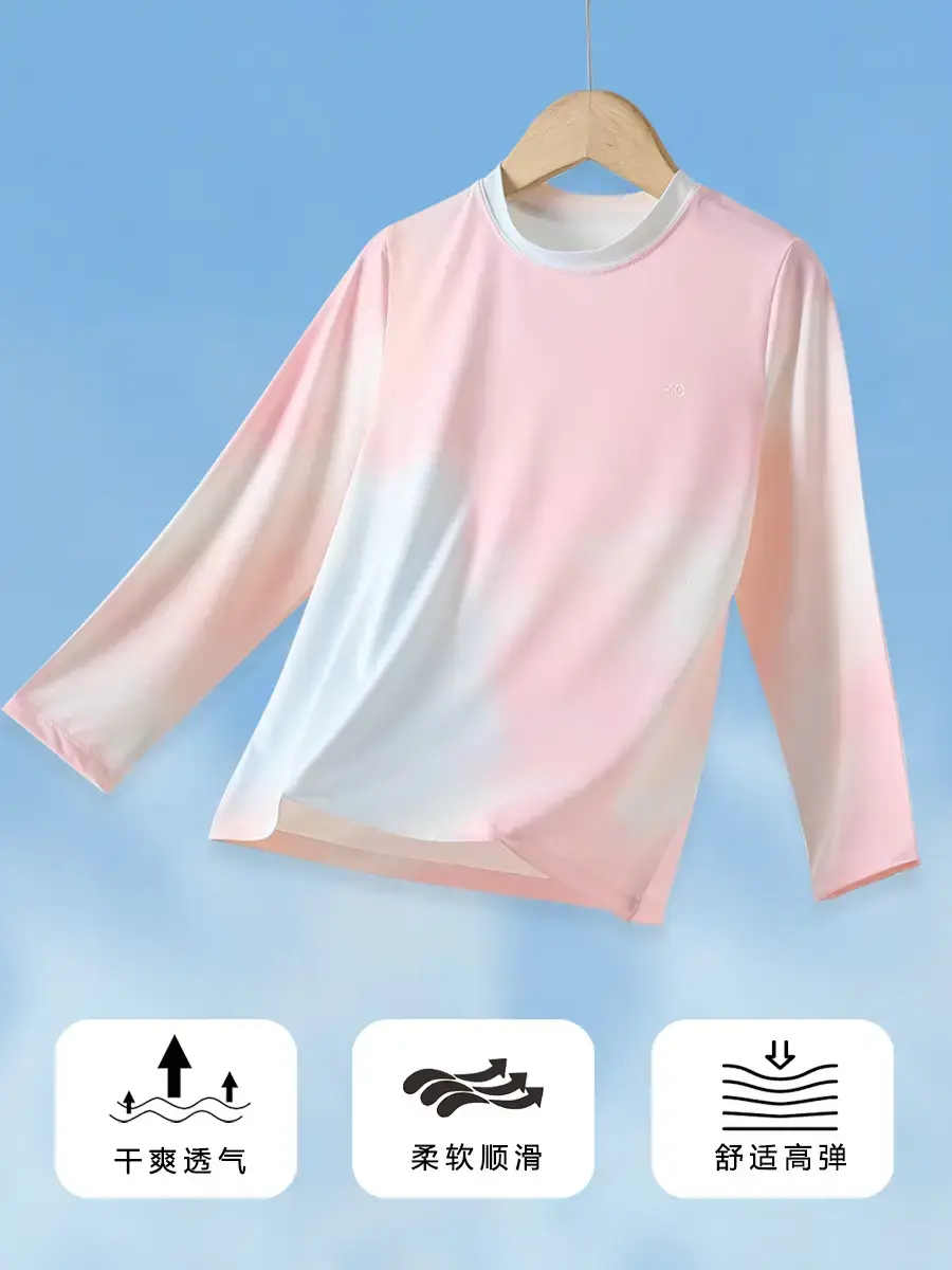 Girls Ice Silk Long Sleeve T-Shirt Pink White - Image 17