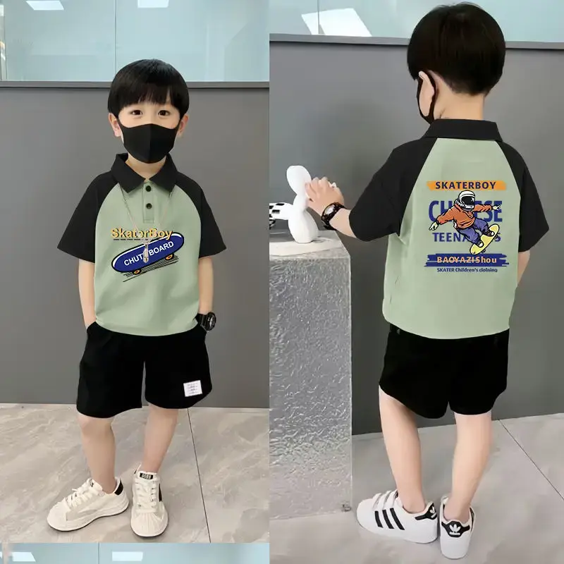 Boys Pure Cotton Manga Print Polo Shorts Set - Image 5