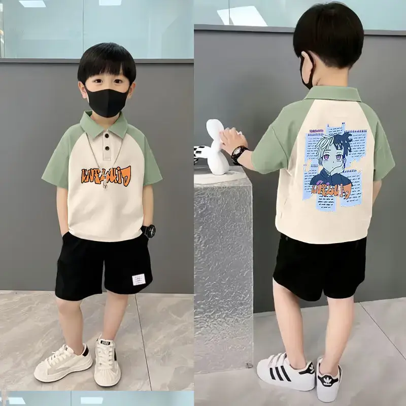Boys Pure Cotton Manga Print Polo Shorts Set - Image 4