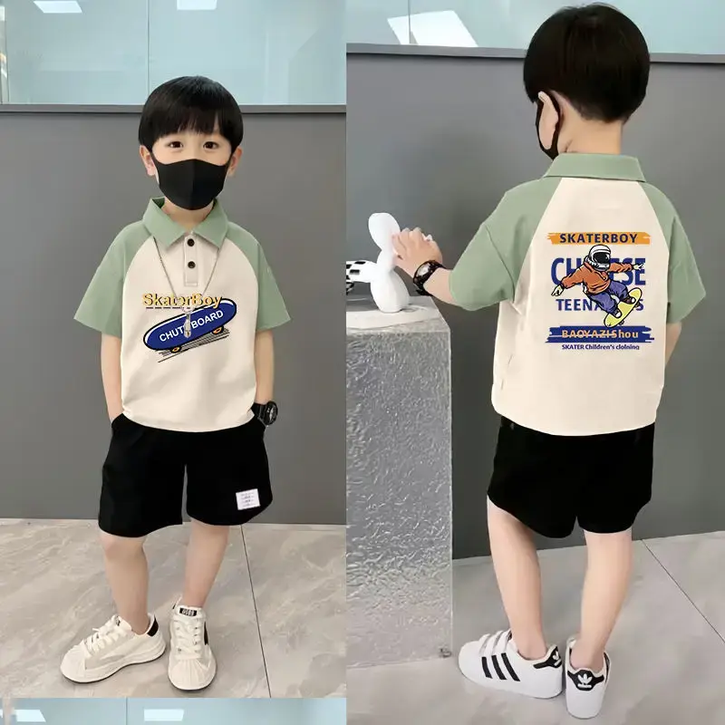 Boys Pure Cotton Manga Print Polo Shorts Set - Image 8
