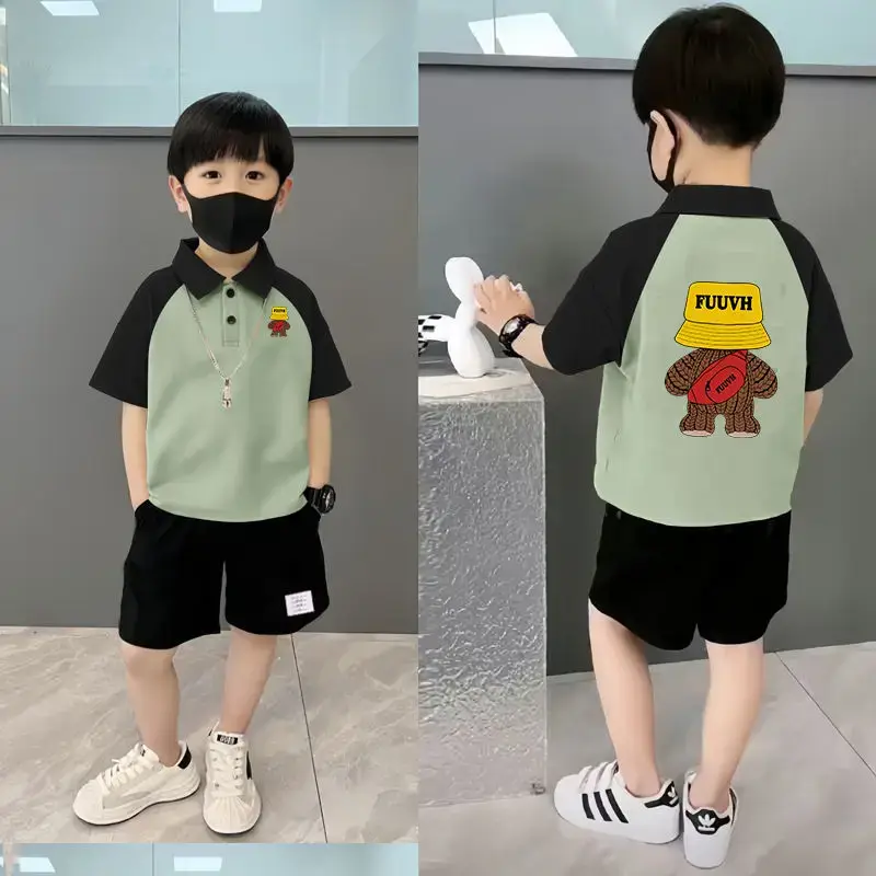 Boys Pure Cotton Manga Print Polo Shorts Set - Image 9