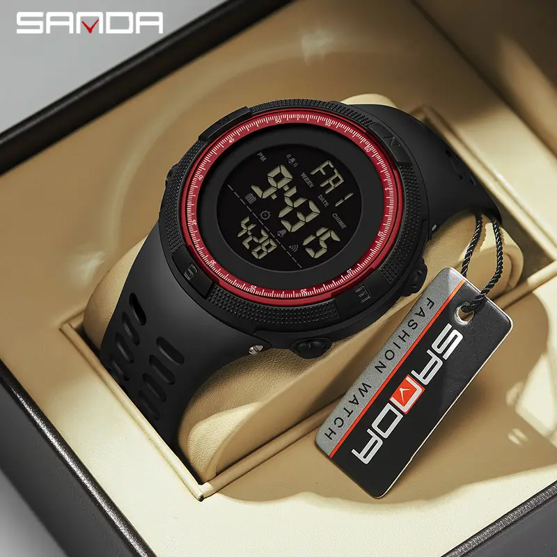 Sanda Digital Fitness Watch Black Red Waterproof