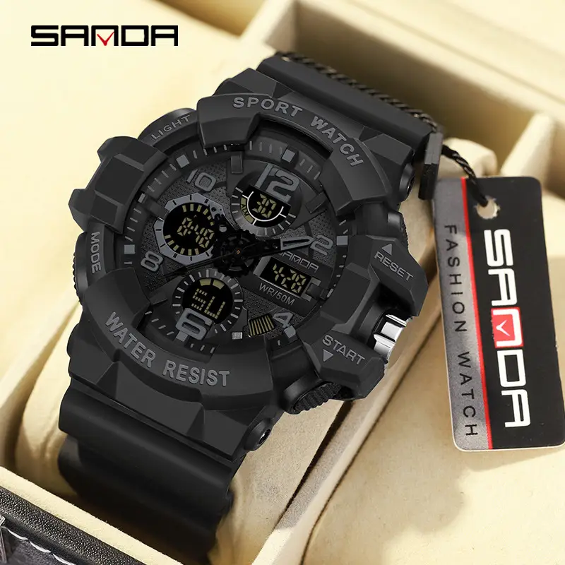 Sanda Sport Watch Waterproof Multi-Function Black White