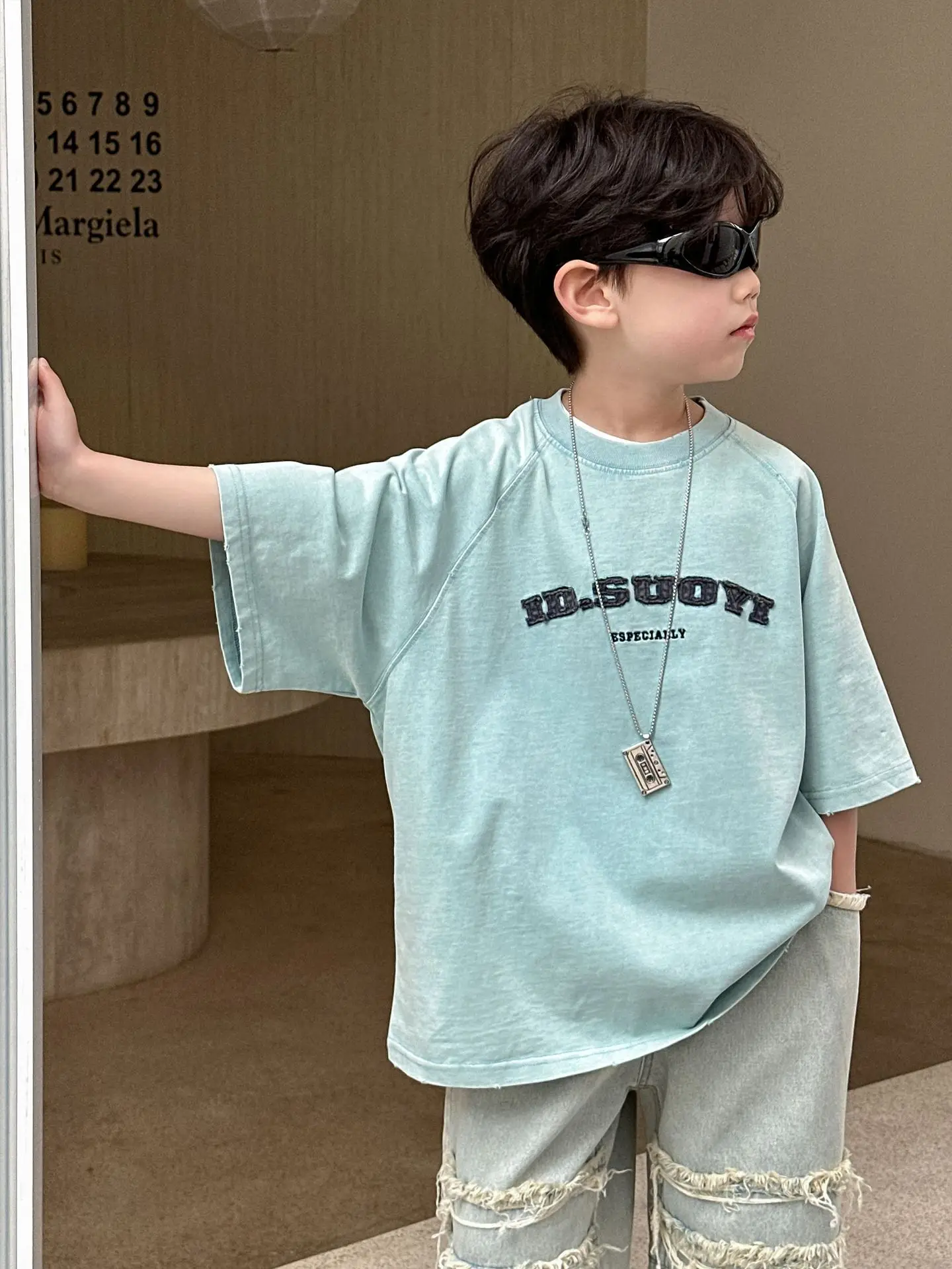 Kids Pure Cotton T-Shirt Light Blue 2025 Summer - Image 2
