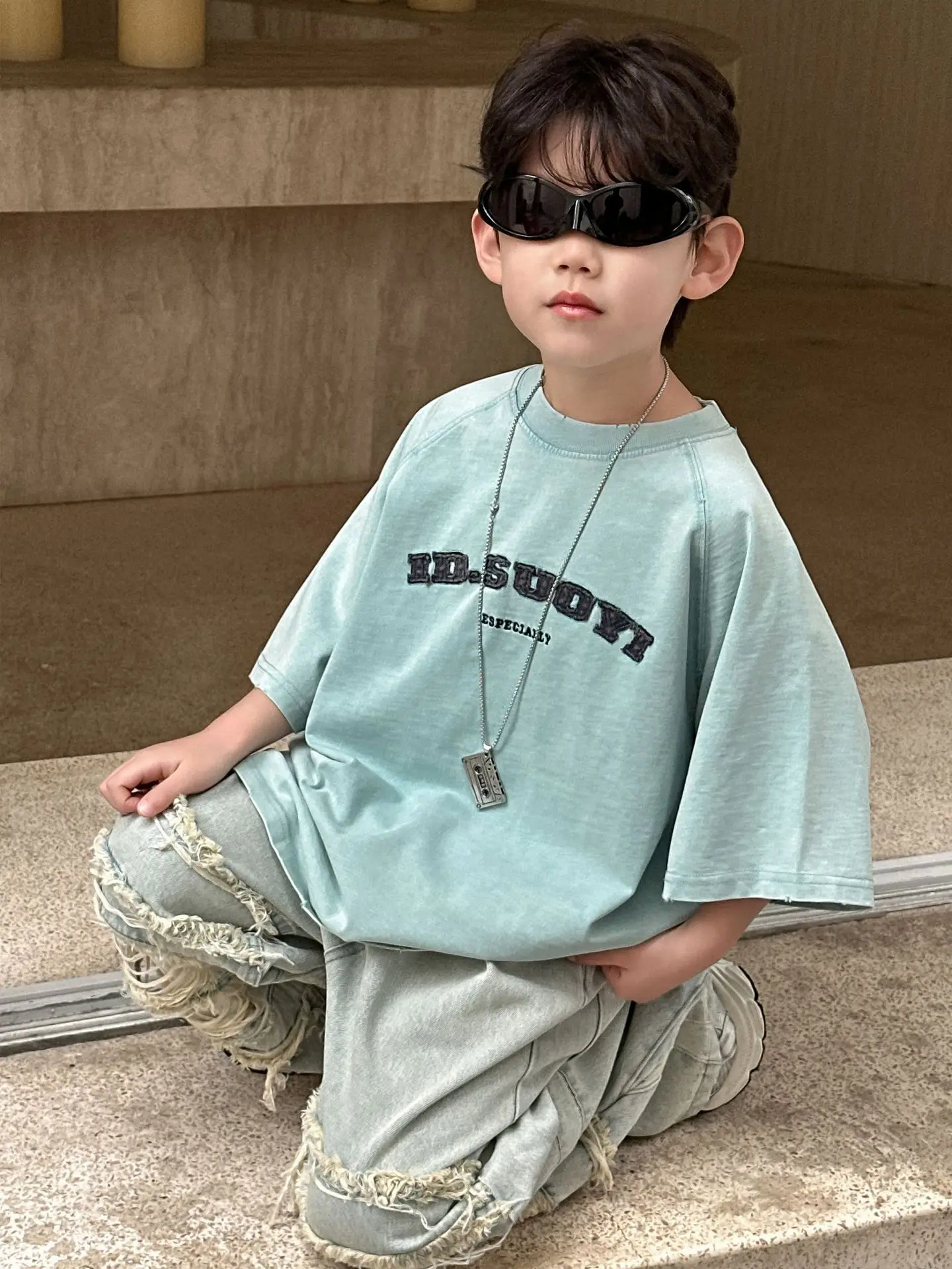 Kids Pure Cotton T-Shirt Light Blue 2025 Summer - Image 3