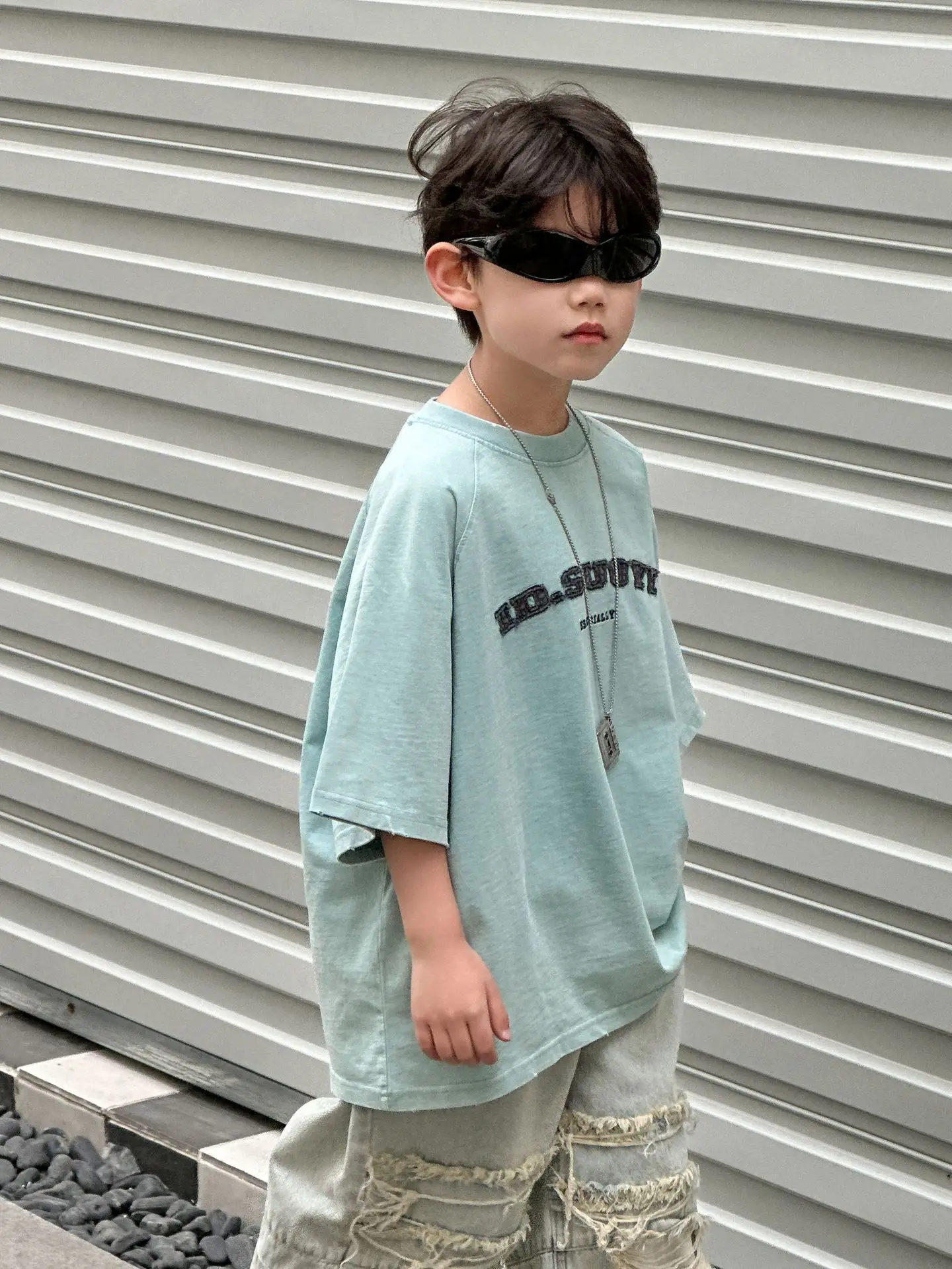 Kids Pure Cotton T-Shirt Light Blue 2025 Summer - Image 4