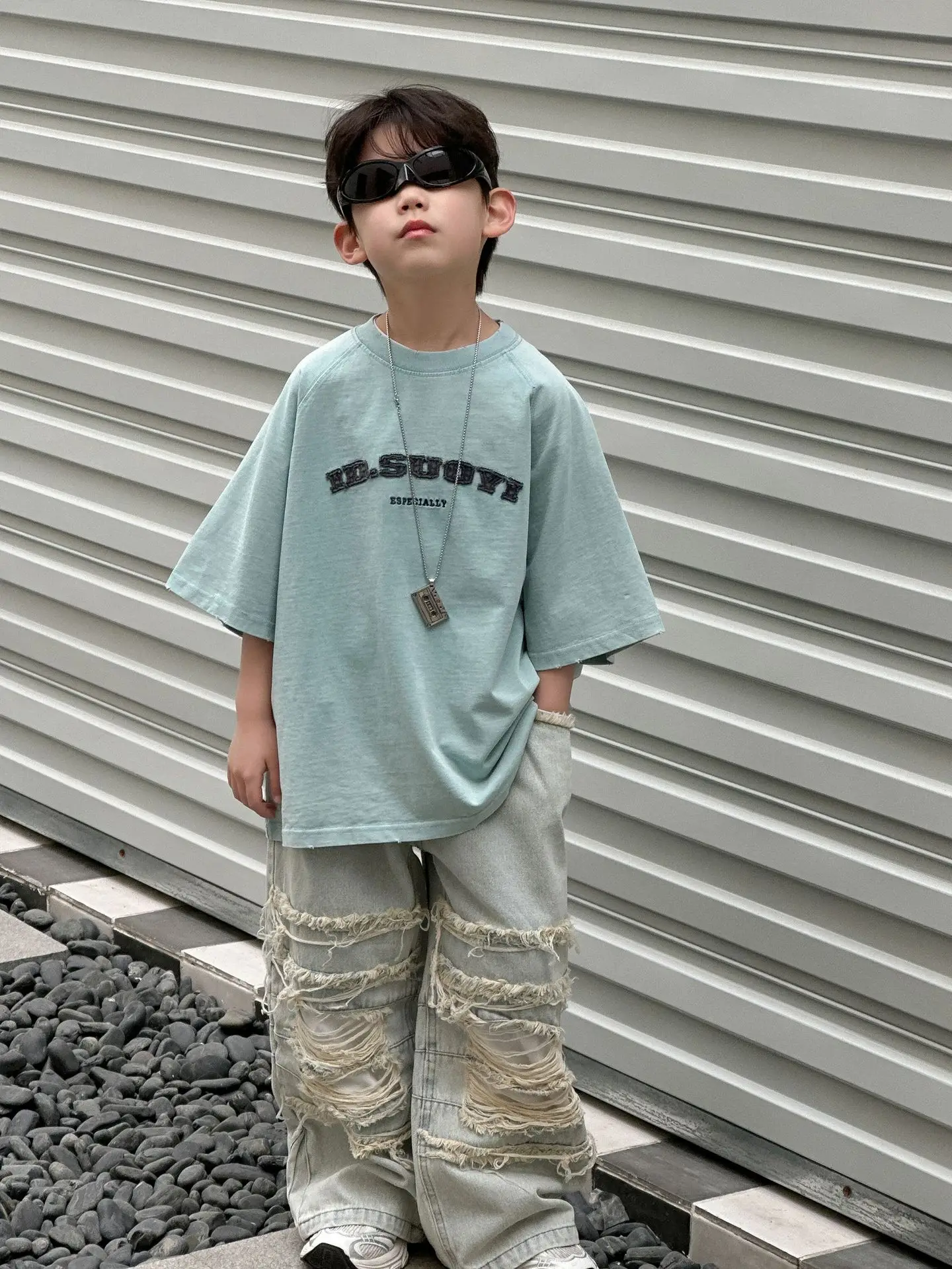 Kids Pure Cotton T-Shirt Light Blue 2025 Summer - Image 6