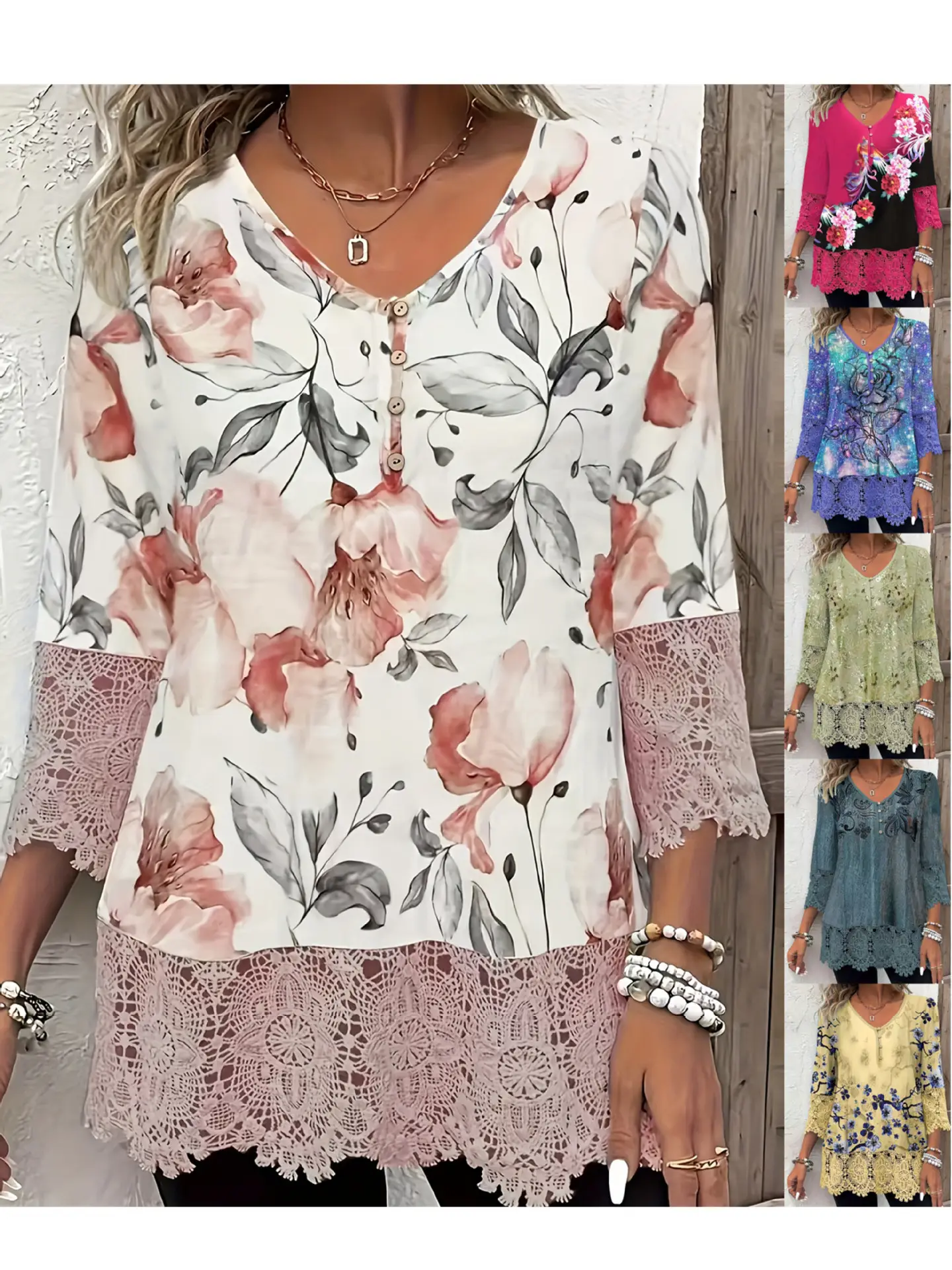 Women Floral Lace Top with 7 Sleeve Button Top 2025 - Image 4