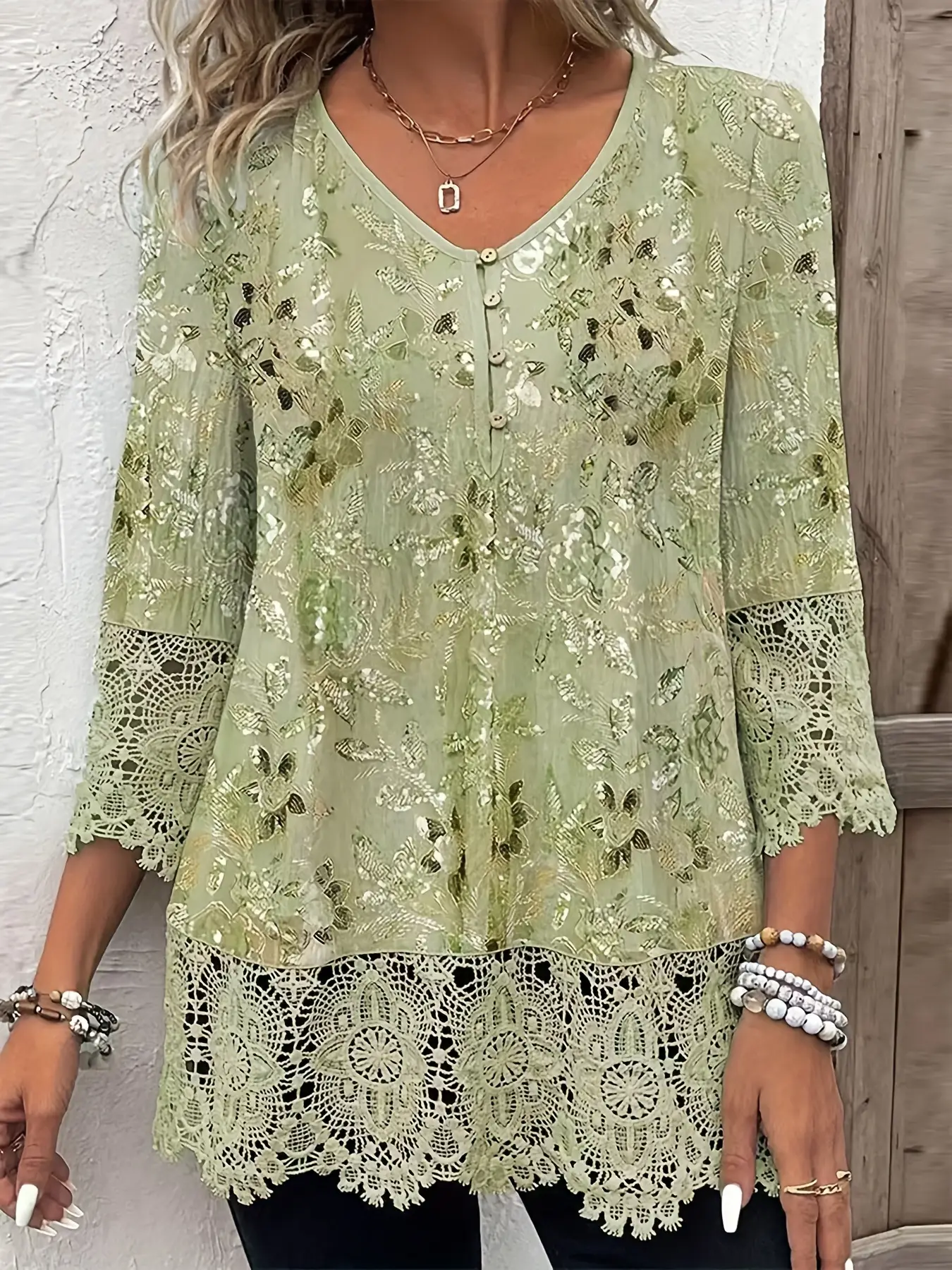 Women Floral Lace Top with 7 Sleeve Button Top 2025 - Image 6