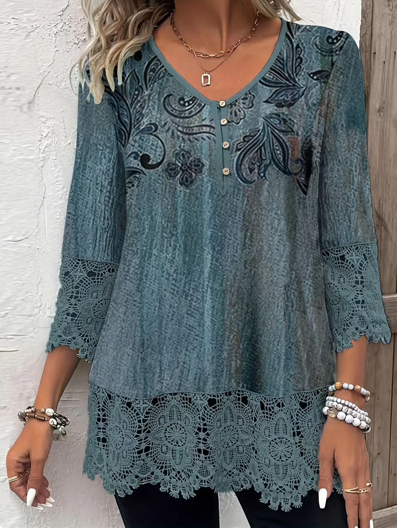 Women Floral Lace Top with 7 Sleeve Button Top 2025 - Image 2