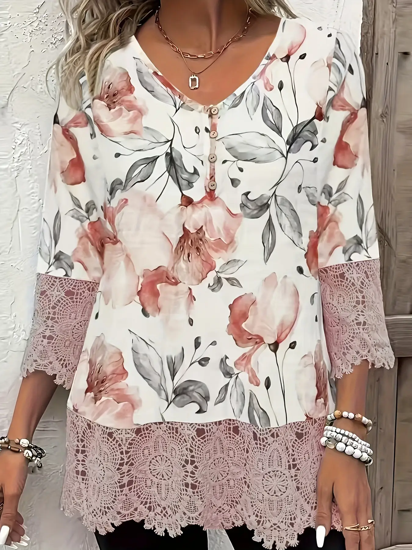 Women Floral Lace Top with 7 Sleeve Button Top 2025 — feature 3