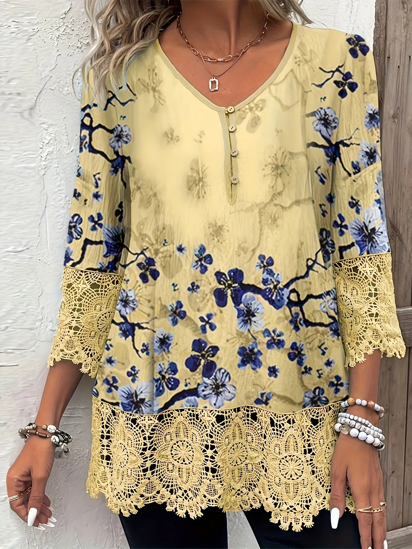Women Floral Lace Top with 7 Sleeve Button Top 2025 - Image 3