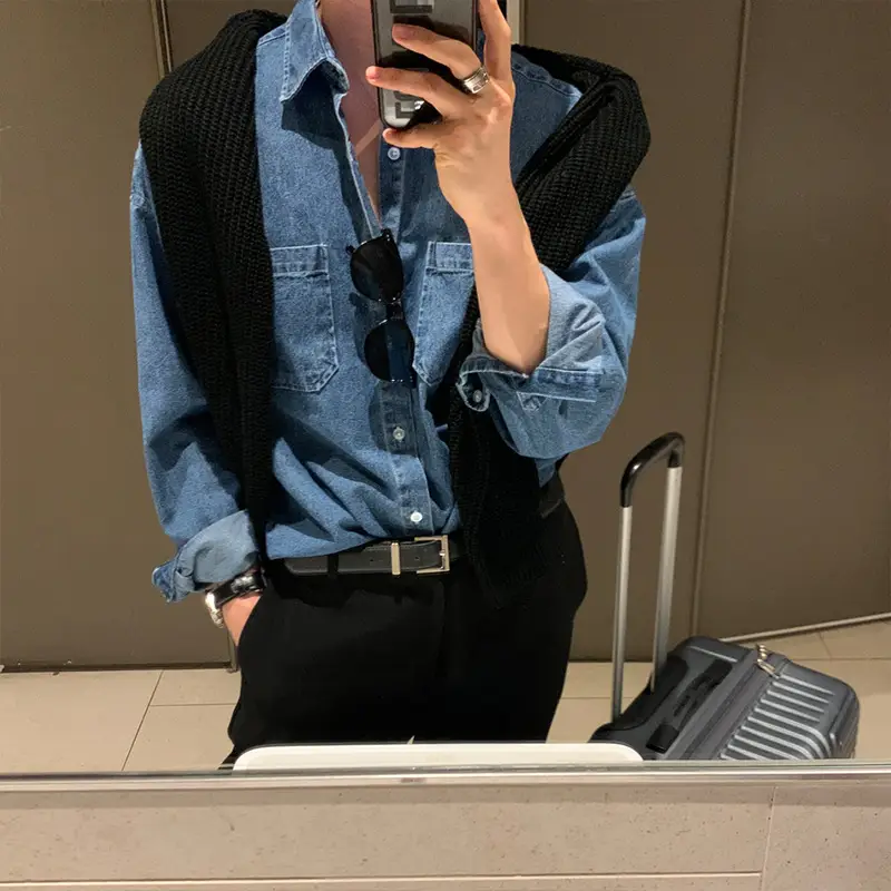 Men's Dark Blue Denim Long Sleeve Jacket with Button Front - Image 3
